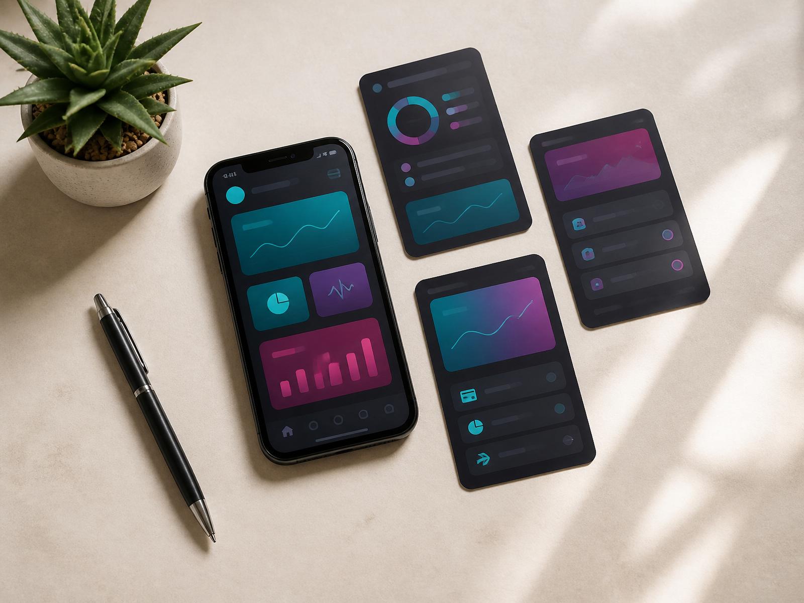 Fintech app UI on a matte black phone with teal-to-magenta gradient dashboard, surrounded by three gradient card mockups on a clean off-white surface.