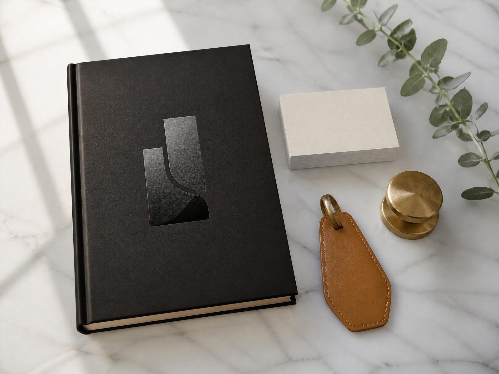 Luxury hospitality brand flat lay on white marble: matte black brand book with gradient monogram, blank business cards, leather key tag and eucalyptus sprig.