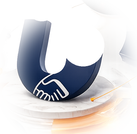 Utshob Communications 3D brand mark — handshake U on a marble platform