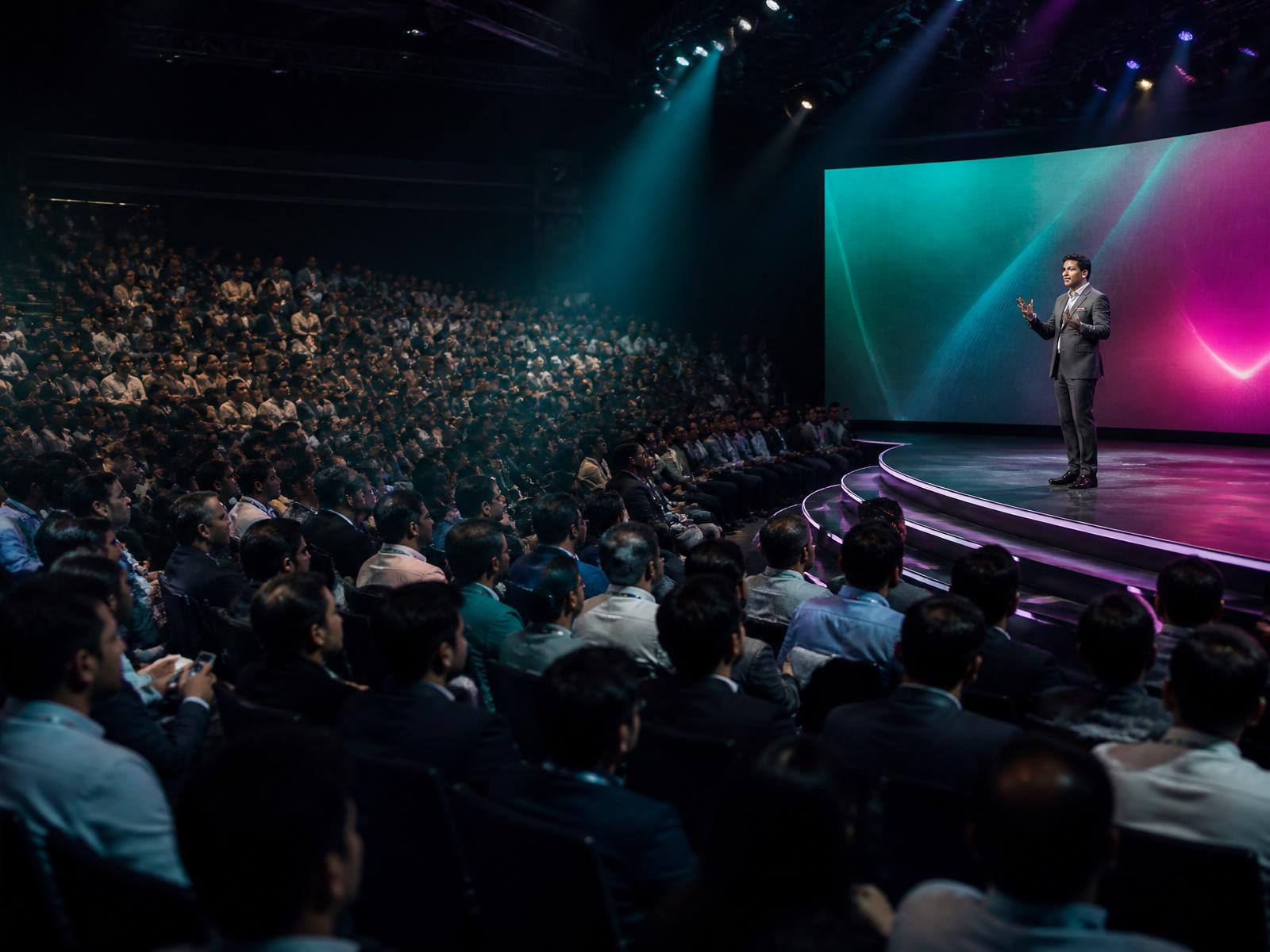 Massive curved LED main stage with teal-to-magenta gradient wash and a keynote speaker facing a packed tiered audience.