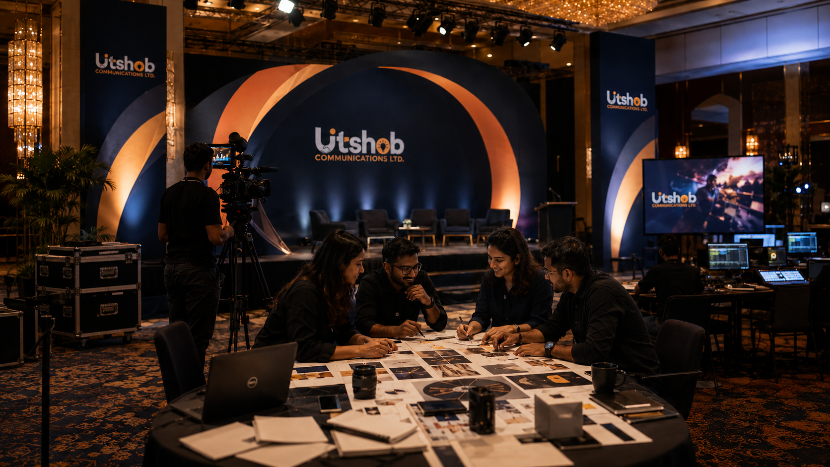 Utshob production crew installing branded stage signage at a corporate event